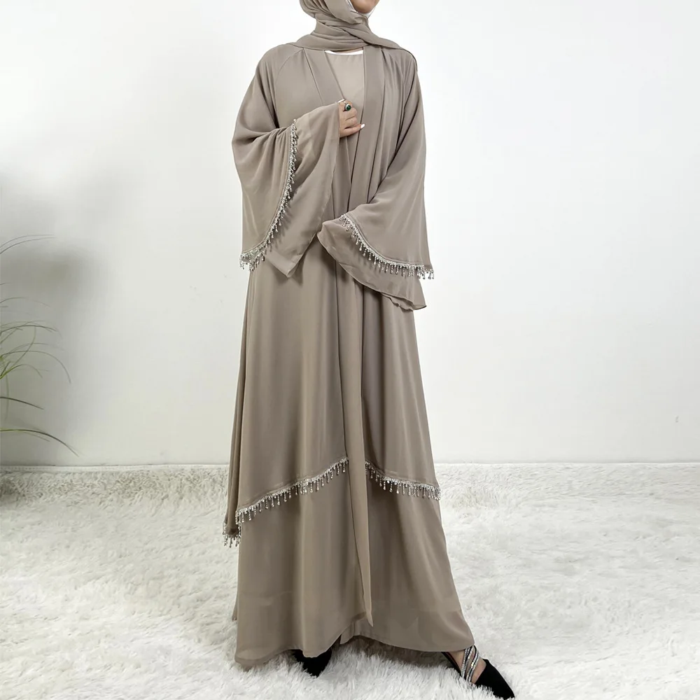 Modest Abaya for Women Flare Sleeve Open Kimono 2 Pieces Set Inner Dress Muslim Dubai Arab Matching Suit Robe Islam Party Outfit