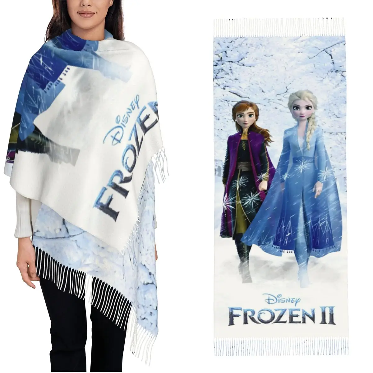 Frozen Elsa Princess Anna Scarf Women Winter Warm Pashmina Shawls and Wrap Sister Cartoon Long Scarves with Tassel Lightweight