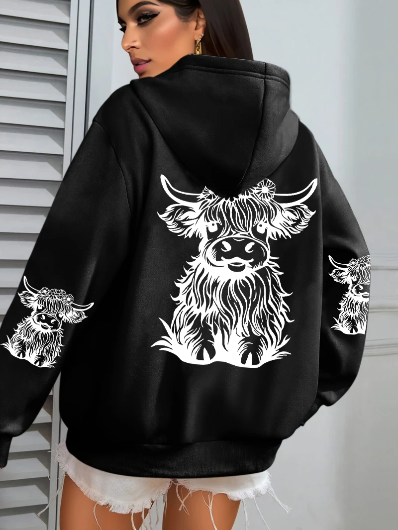 Niedliche Kuh-Haarmotiv-Kapuzenpullover mit Cartoon-Druck für Damen, Fleece-Herbst-Streetwear, bequemer lässiger Hoodie, Y2K-Taschen-Kapuzenpullover, vielseitig kombinierbar – Detail 10