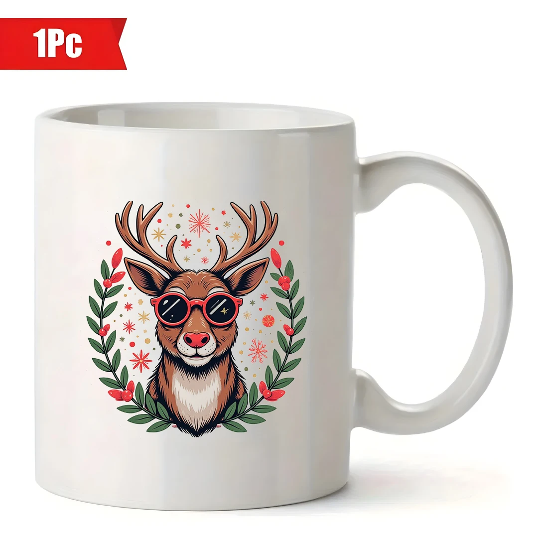 كوب الرنة الكرتوني سعة 11 أونصة + هدية عيد الميلاد، كوب عيد الميلاد المبهج، كوب قهوة إبداعي للمكتب العائلي