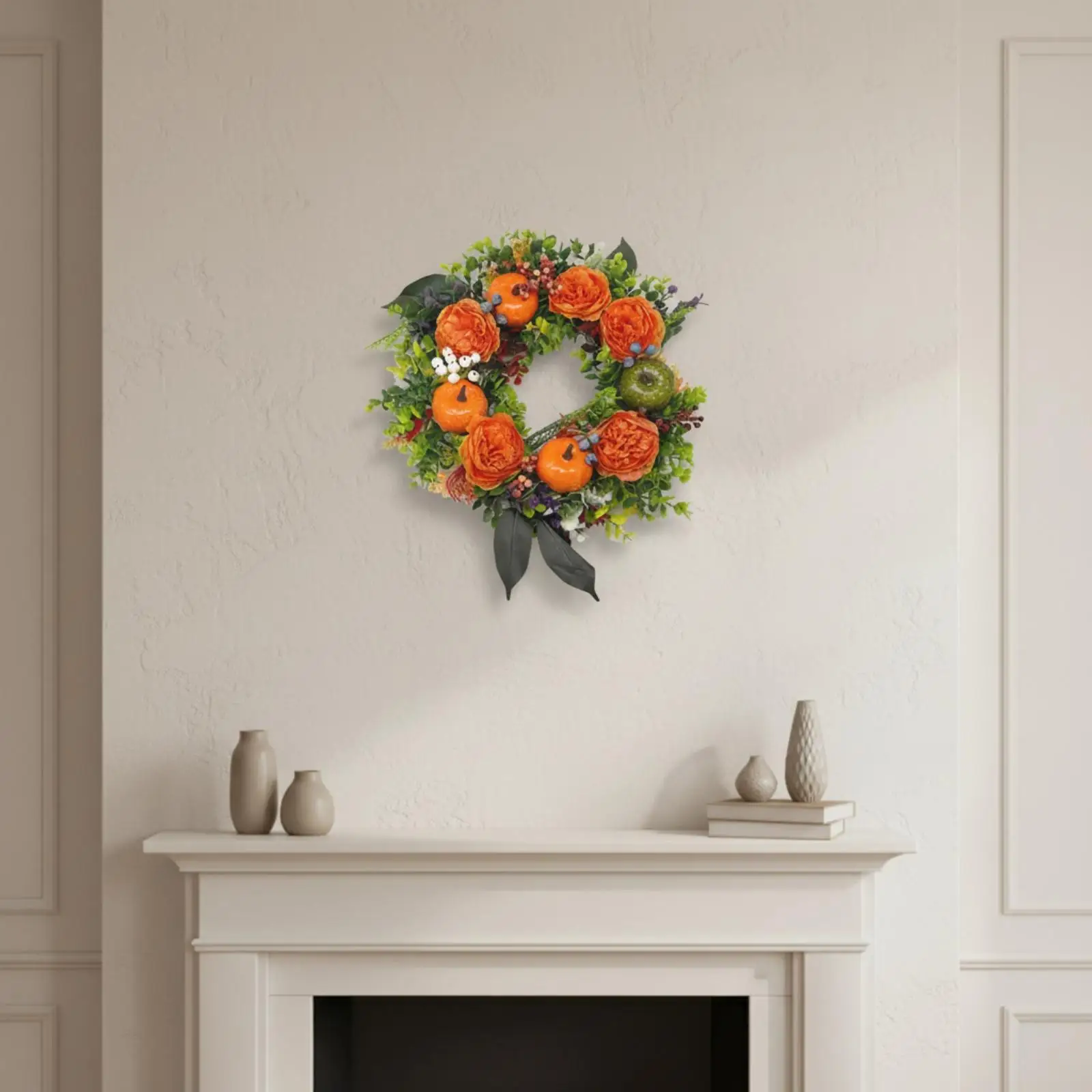 Fall Door Wreath Artificial Plastic Decoration with Berries and Bow for Seasonal Entryway