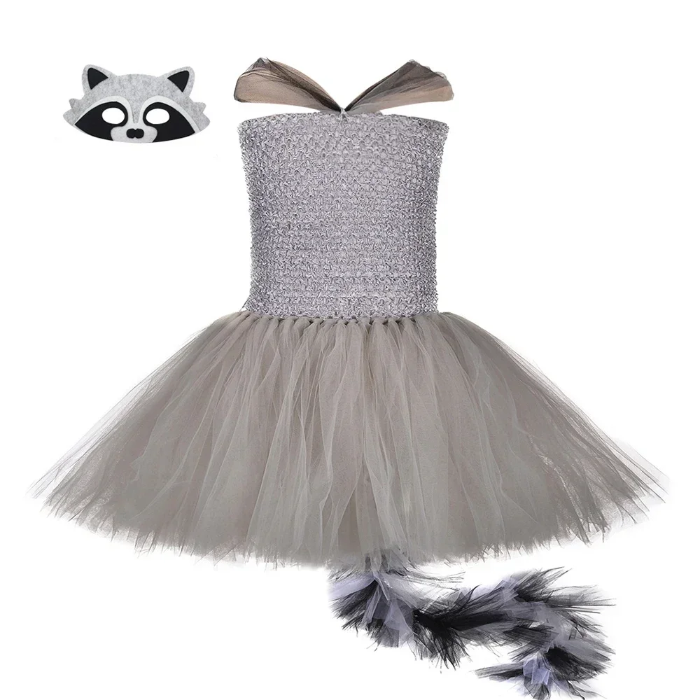 Grey Raccoon Costume Kids Tutu Dress with Tail Mask Toddler Girls Fancy Halloween Birthday Party Animal Dress Up Clothes Outfit