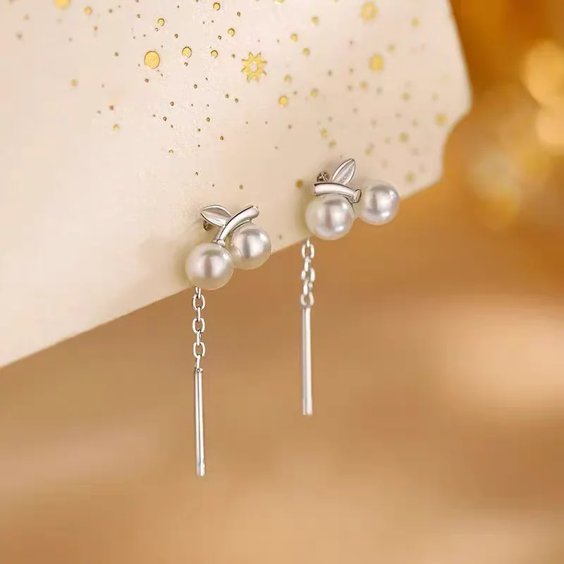 925 Silver Cute Cherry Shaped Ear Wire Korean Version Fashionable Exquisite Pearl Girl Gift Elegant Ear Ornament for Women
