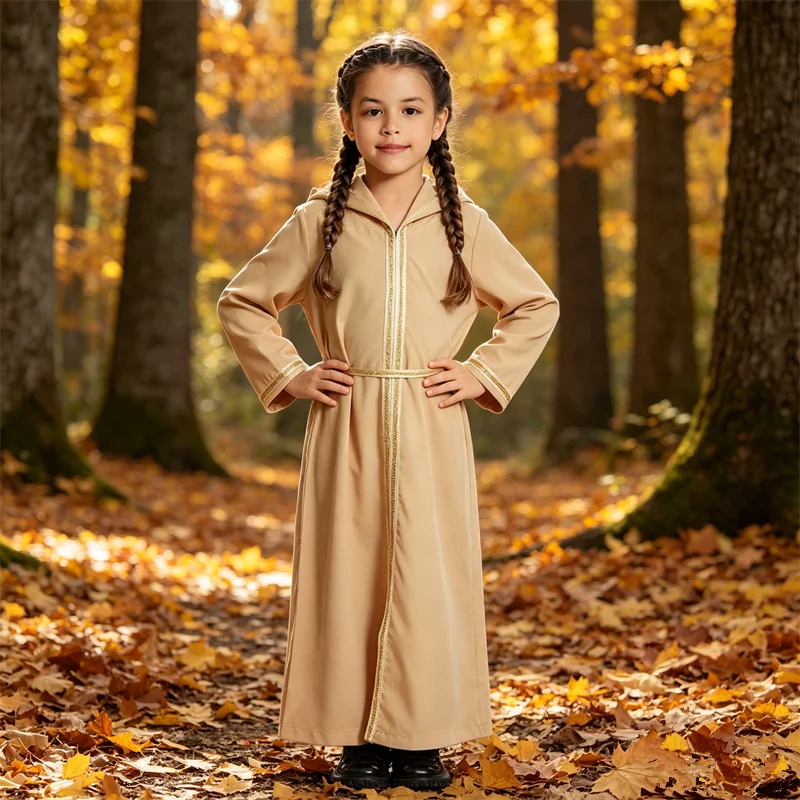 Girls Long Robe Hooded Kaftan Muslim Child Abaya Kids Maxi Dress Prayer Garment Islam Clothing Dubai Turkey Robe Morocco Caftan