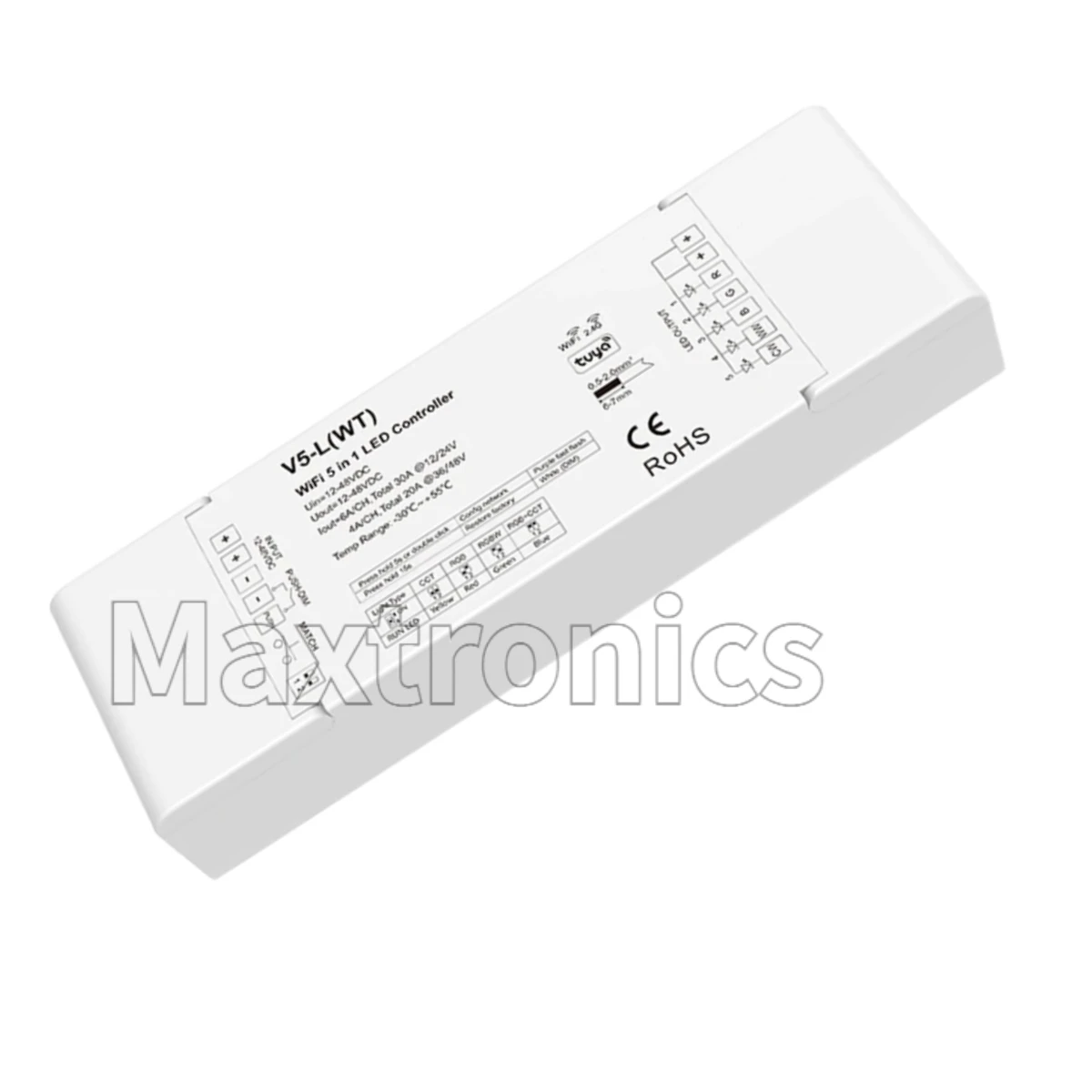 Skydance WiFi & RF 5 in1 CV Controller V5-L(WT) (Tuya App) 5CH*6A 12-48VDC for RGB RGBW RGB+CCT CCT Single Color LED Strip Light