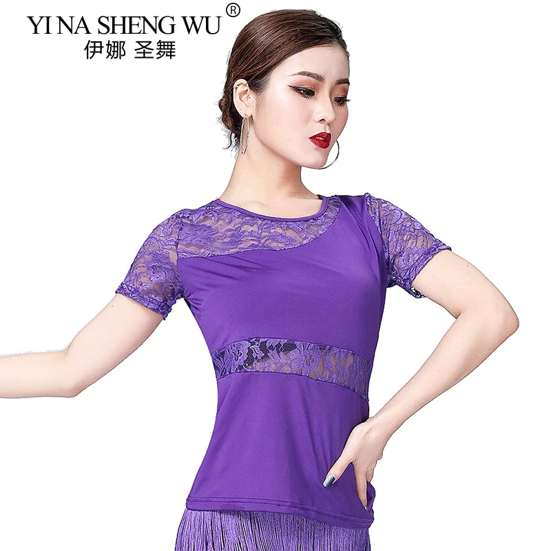 새로운 여성 라틴 댄스 레이스 탑 반팔 연습복 1Pc 스퀘어 댄스 현대 국가 표준 댄스 연습 의류