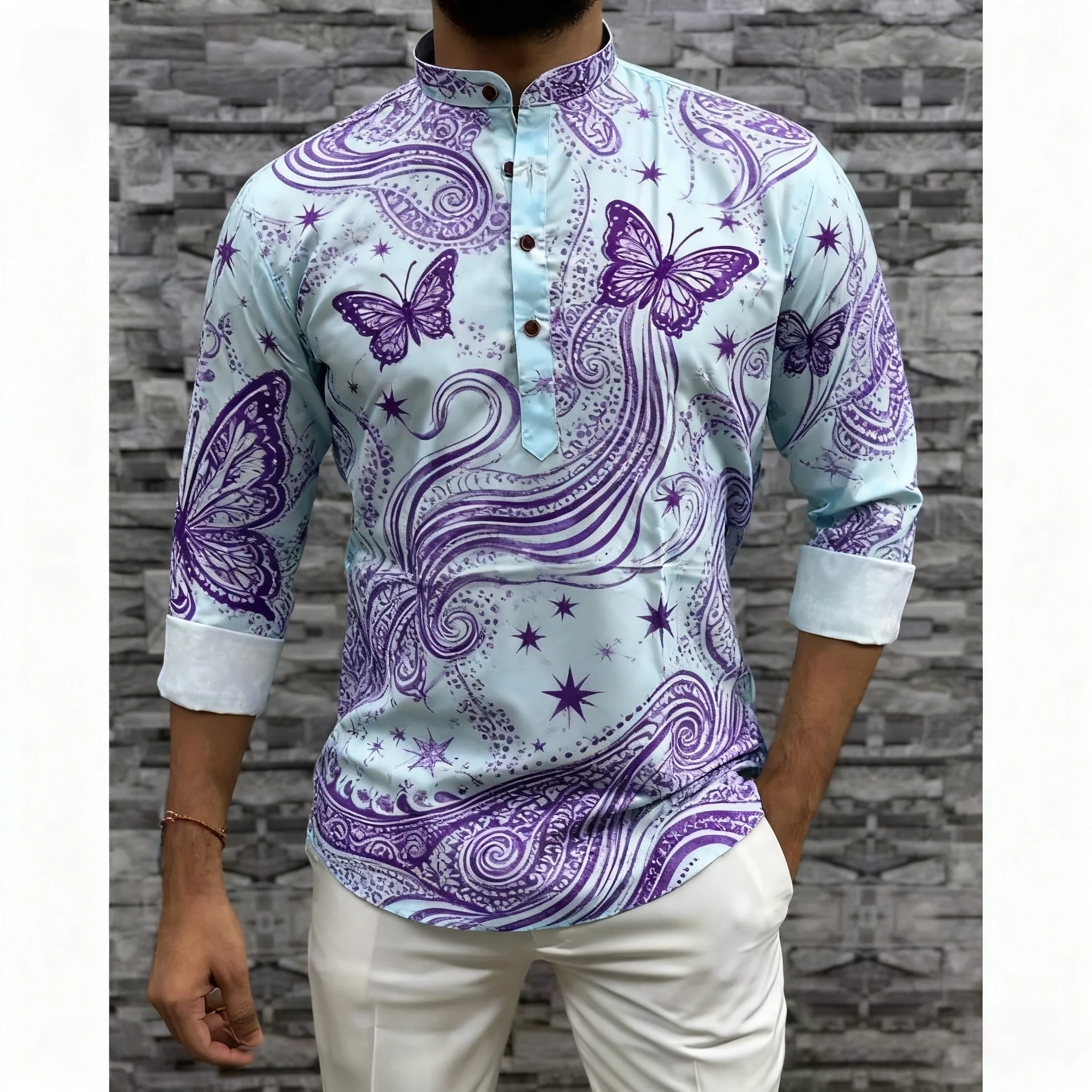 الرجال المسلمات الإسلامية العربية عباية طويلة الأكمام قميص العرقية طباعة الوقوف طوق الشباب 2026 معطف فاخر ملابس عصرية غير رسمية