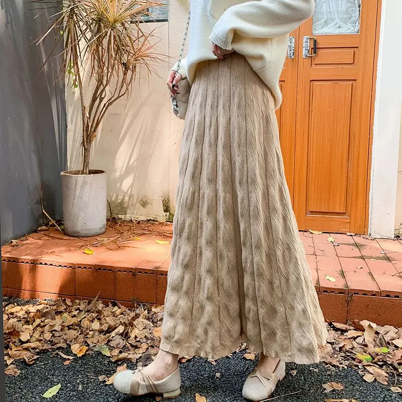 Korea Knitted Skirt Women Autumn New High Waisted Loose Pleated A-Line Skirts Chic Vintage Elegant Ladies Solid Long Skirt