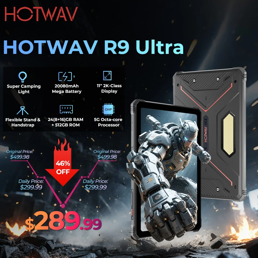 HOTWAV R9 Ultra 5G Android 15 Robuuste Tablet 20080mAh 11 ''FHD + 2K 120Hz Display Pad 8GB 512GB Super Camping Licht Tablet PC