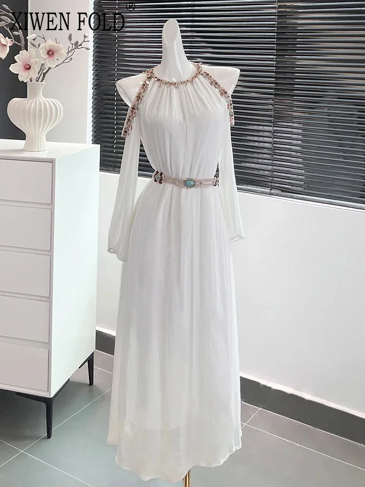 

XIWEN Solid Lace-up Beaded Women's Dresses Round Neck Long Sleeve High Waist Long Sleeve Elegant Dress Autumn 2024 New XF3183