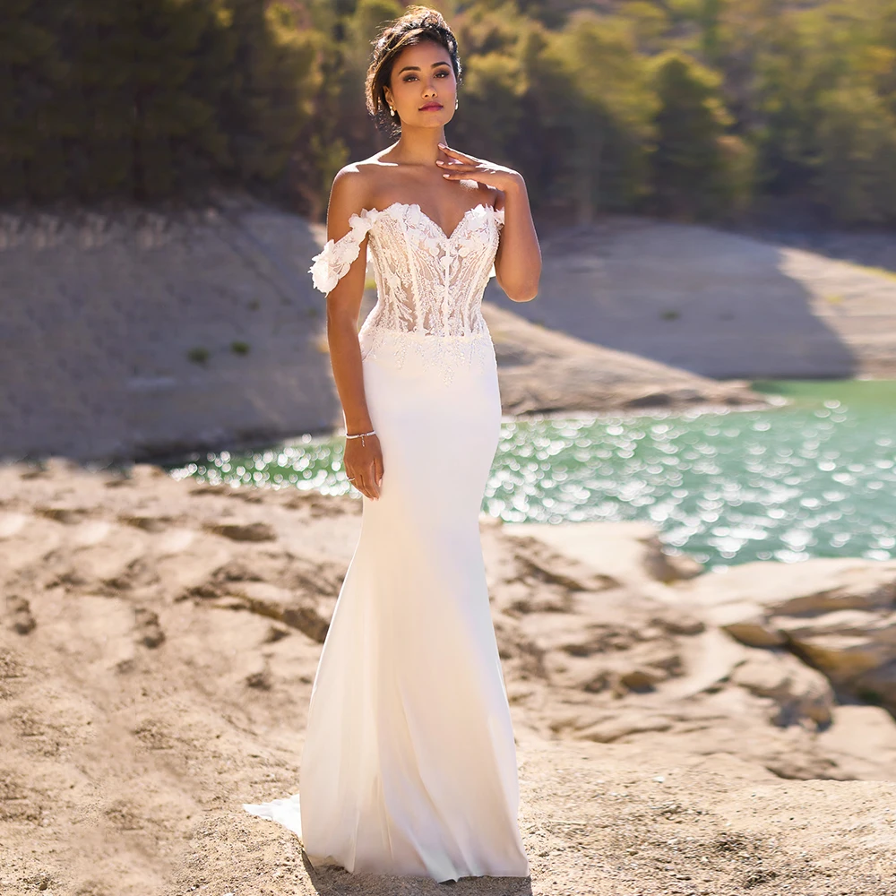 White Off the Shoulder Bohemian Mermaid Wedding Dress Customized Applique Lace Sweetheart Open Back Bridal Gown with Court Train