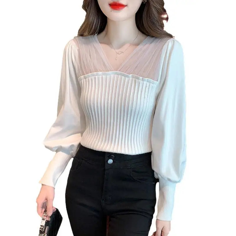 

2023 New Spring and Autumn Fashion Temperament Commuting Simple Mesh Splice V-neck Long Sleeve Sweater Bottom Top Trendy