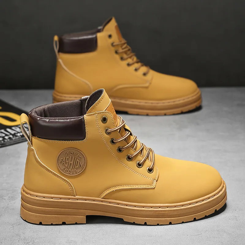 

British Style Yellow Ankle Boots Man Large Size 48 Lace-Up Men's Motorcycle Shoes Platform Work Boots For Men botas para hombre