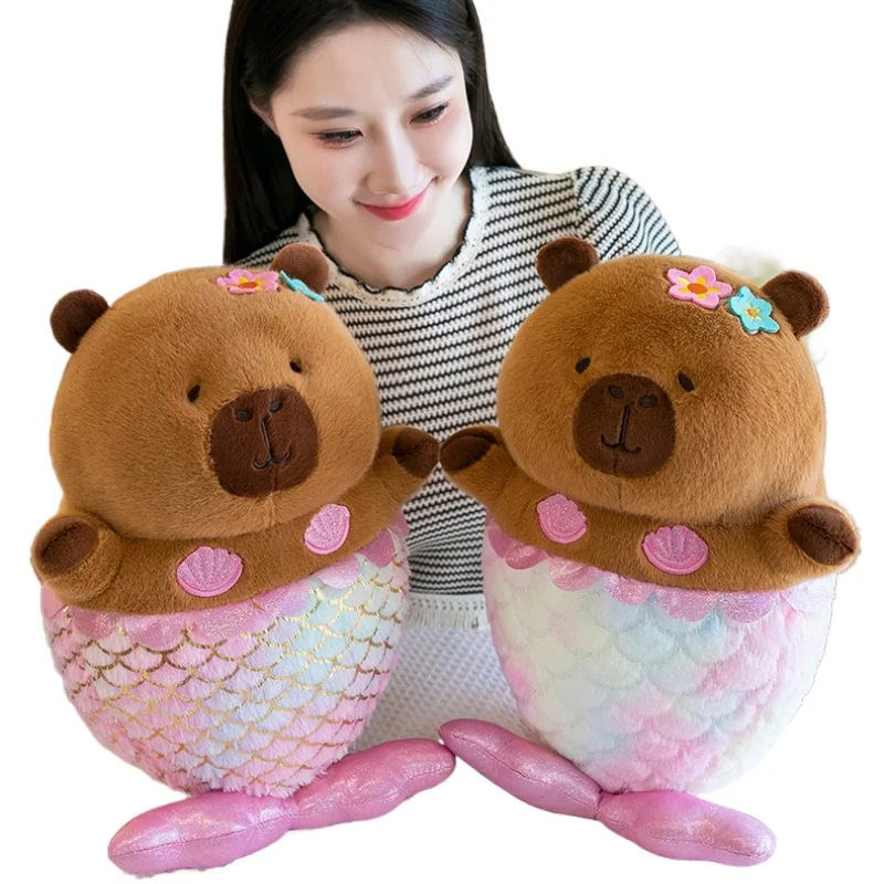 Bonito sereia capivara brinquedo de pelúcia dos desenhos animados kawaii capibara boneca criativa cauda peixe fofo macio sofá carro decoração do quarto presente aniversário