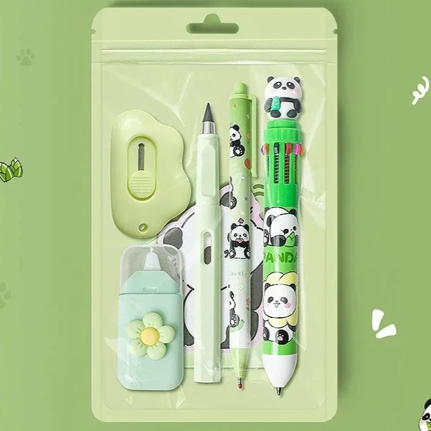 6Pcs Cute Panda Stationery Set Birthday Present Back To School Gift Pencil Eraser Students School Office Correction Tape Kids