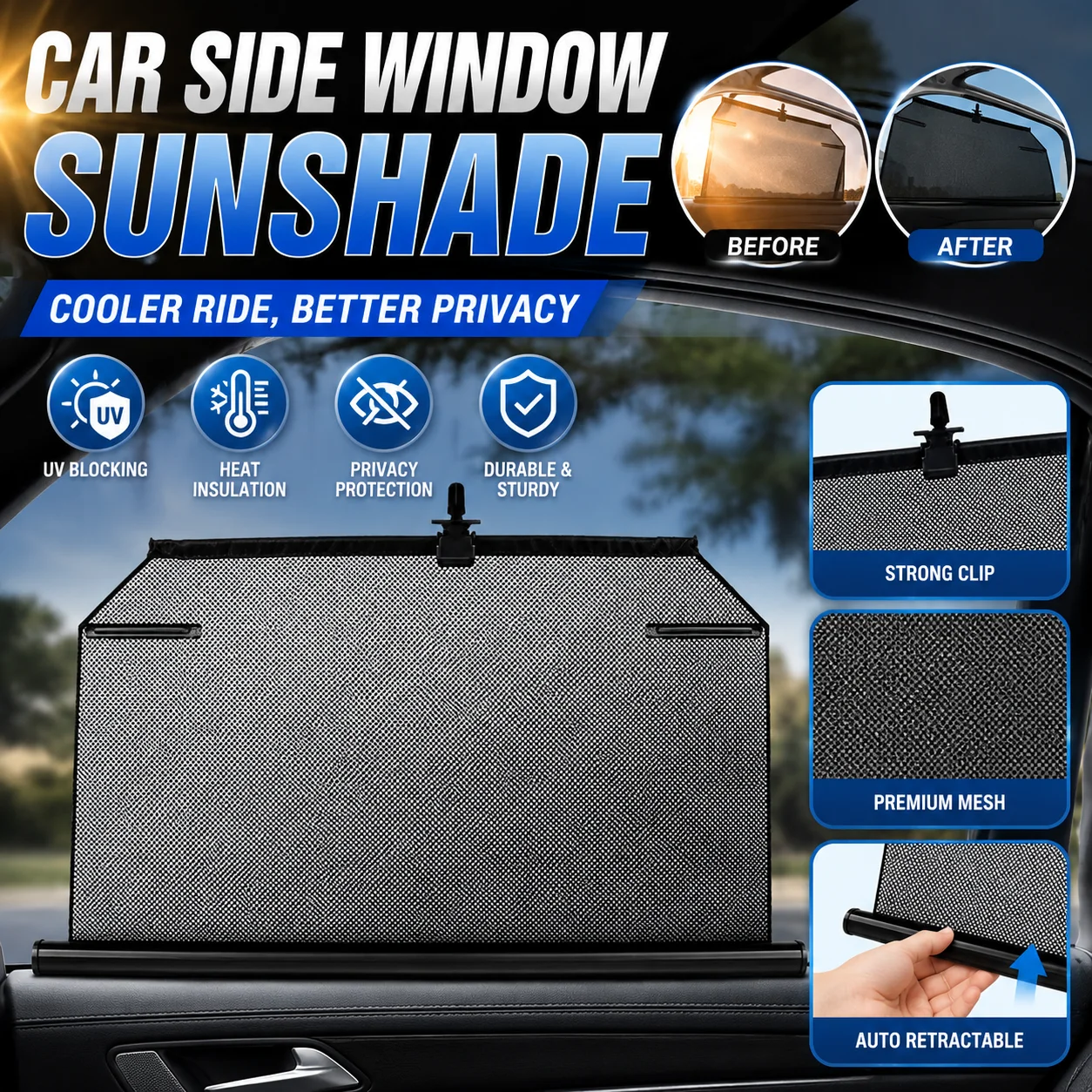 Auto Retractable Car Window Sunshade Mesh Curtain With Uv Protection Heat Insulation And Privacy Function For Car Side Windows