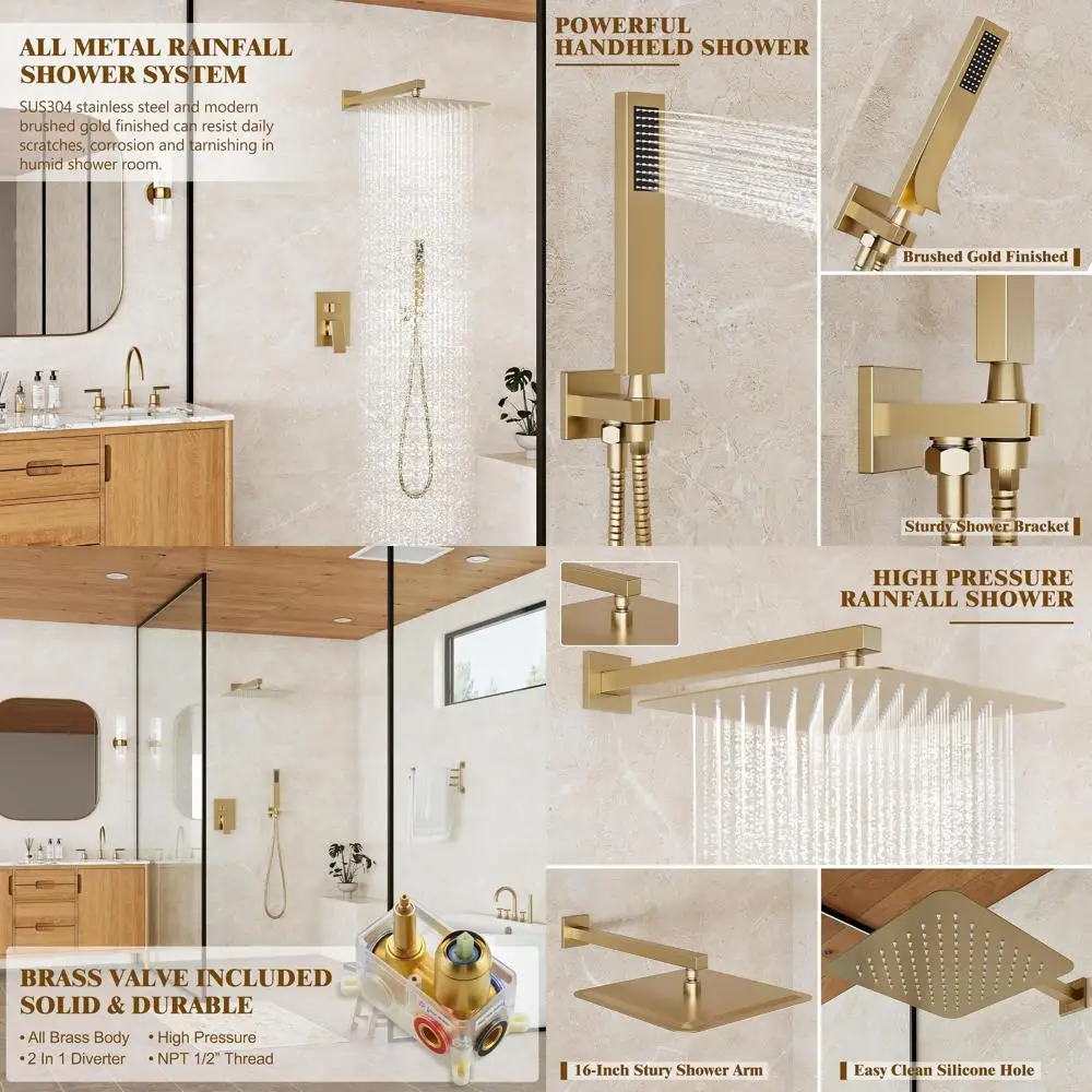 

10 High-Pressure Rainfall Shower System with Gold Handheld, Brushed Gold Finish, Includes Valve & Trim Kit