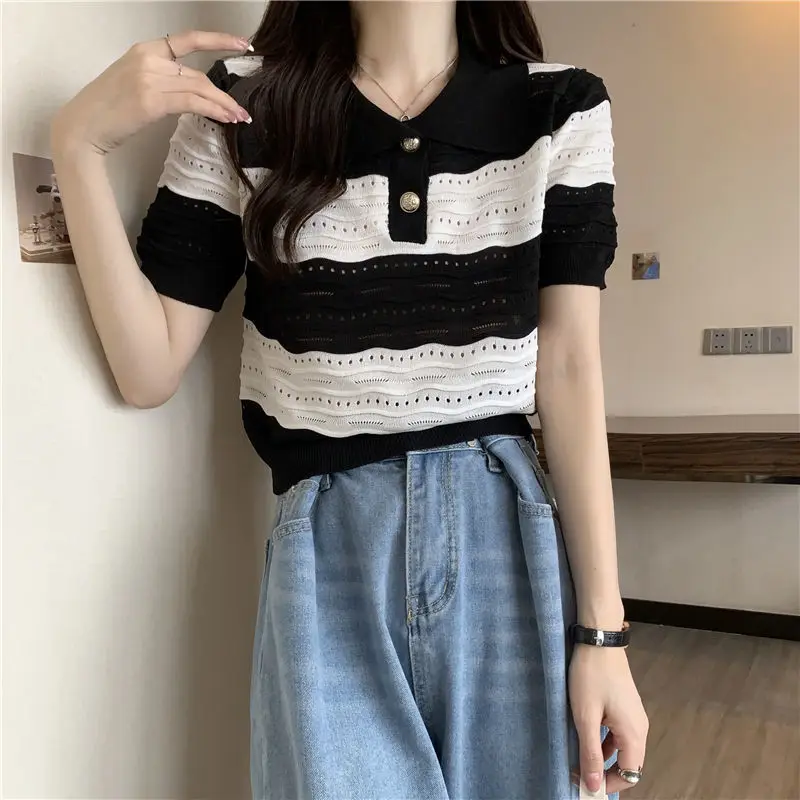 French Style Summer Women Short Sleeve T Shirt Polo-Neck Chic Hollow Out Striped Urbane Casual Crop Top Women Clothes