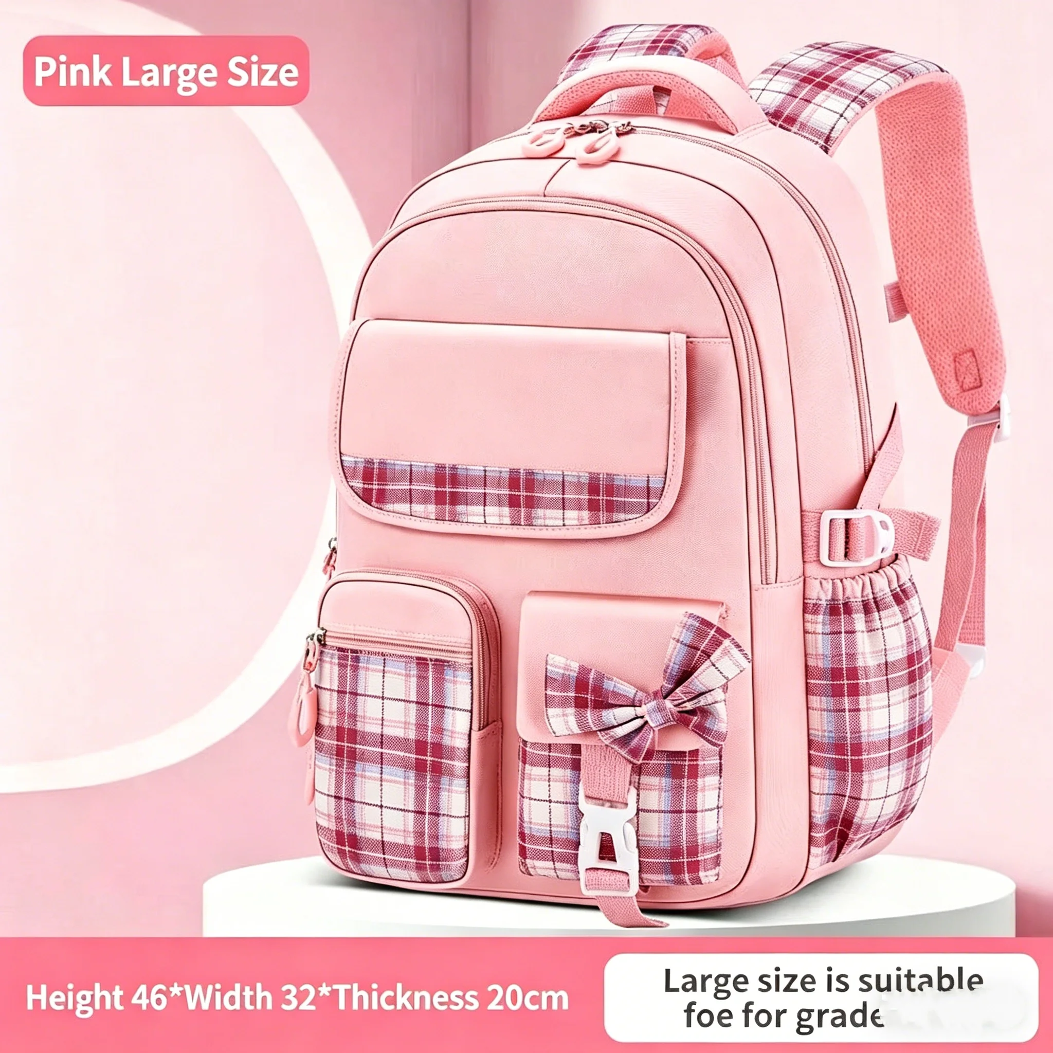 

New Plaid Backpack for Girls Elementary Students Large Capacity Lightweight Waterproof School Bag for Kids