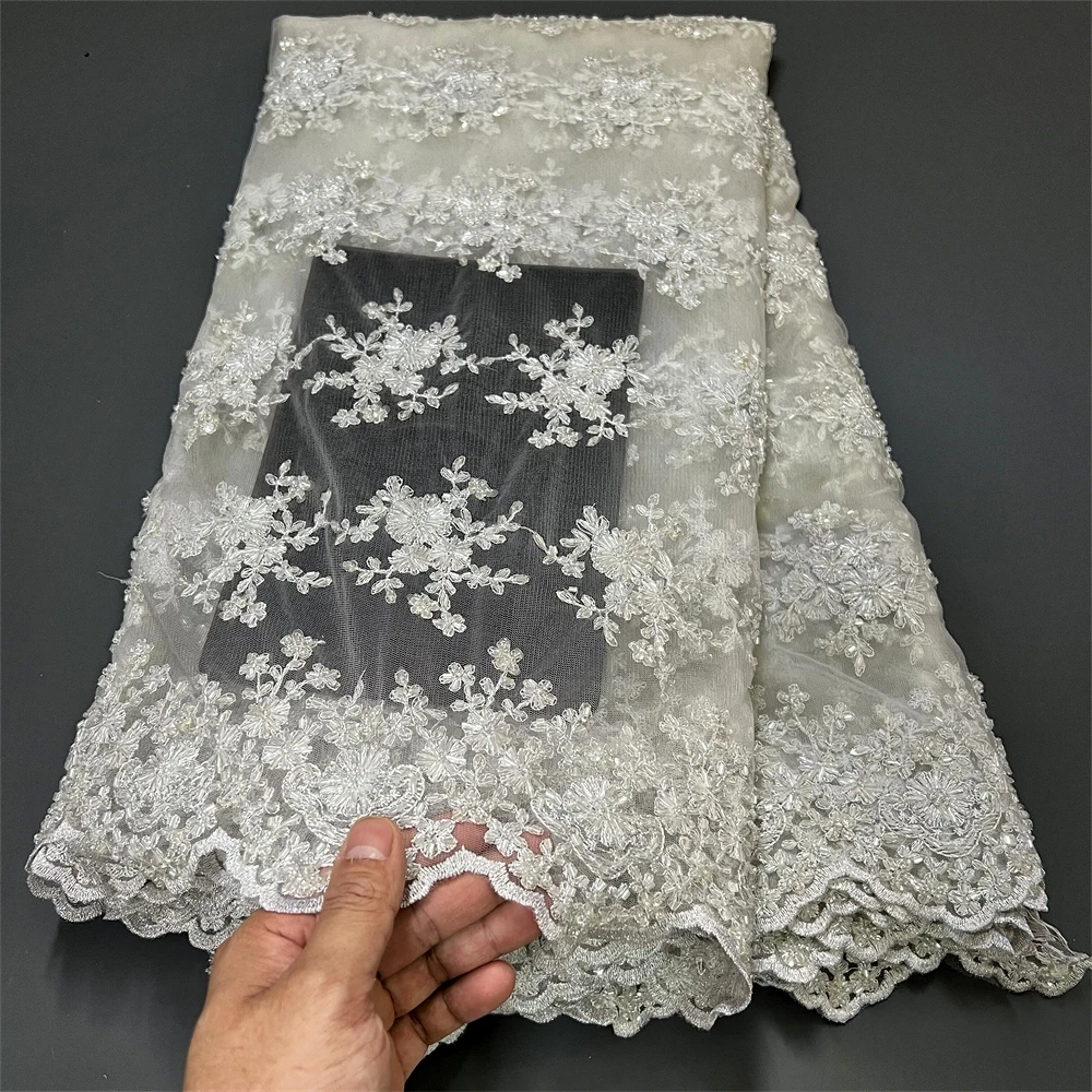 

2025 африканская нигерийская вышивка блестками, высококачественный швейный бисер, камень для выпускных платьев, тюль, кружевная ткань, 5 ярдов ZJ020