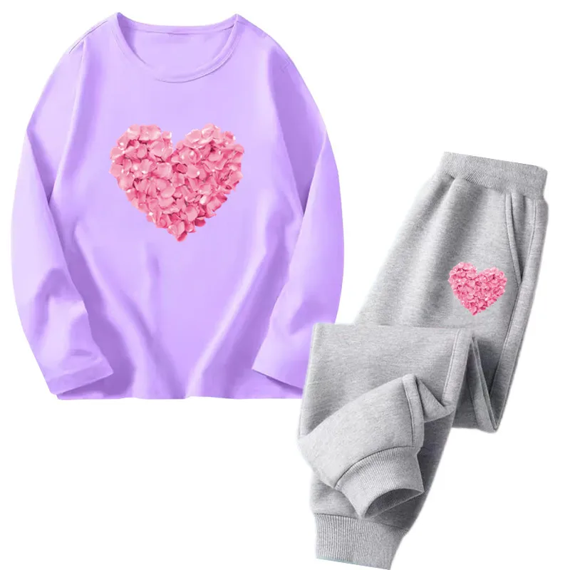 Girls flower heart Print Clothes Set Kids Cotton Long Sleeved T-shirt Top+Sweatpants Outfit Girls Spring Fashion Tracksuits