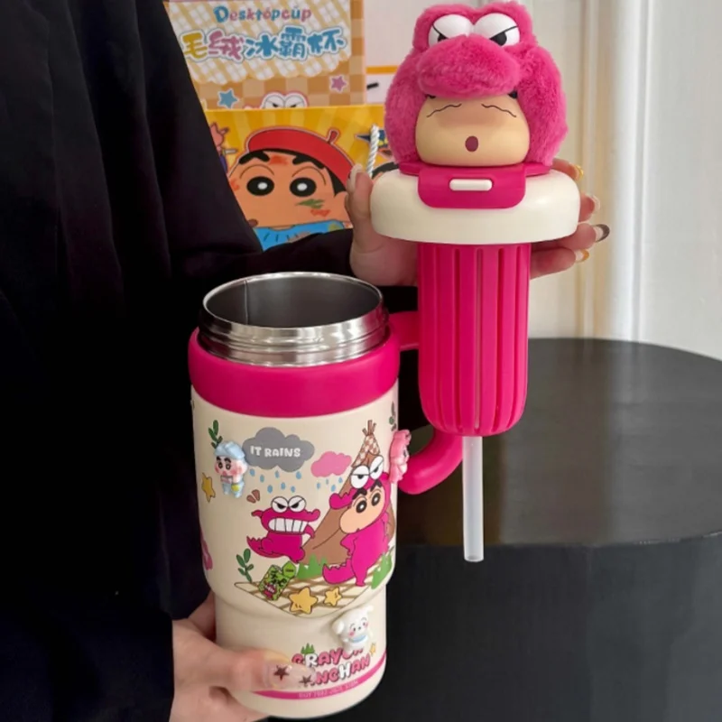 800ml Crayon Shin-Chan Character Peripheral Large Capacity Handle Cup Stainless Steel Thermos Cup Student Straw Cup Gifts