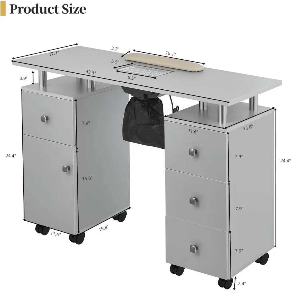 Manicure Table Nail Desk w/Electric Dust Collector & Wrist Rest Cushion, Station w/Lockable WheelsAcetone Resistant Nail Table