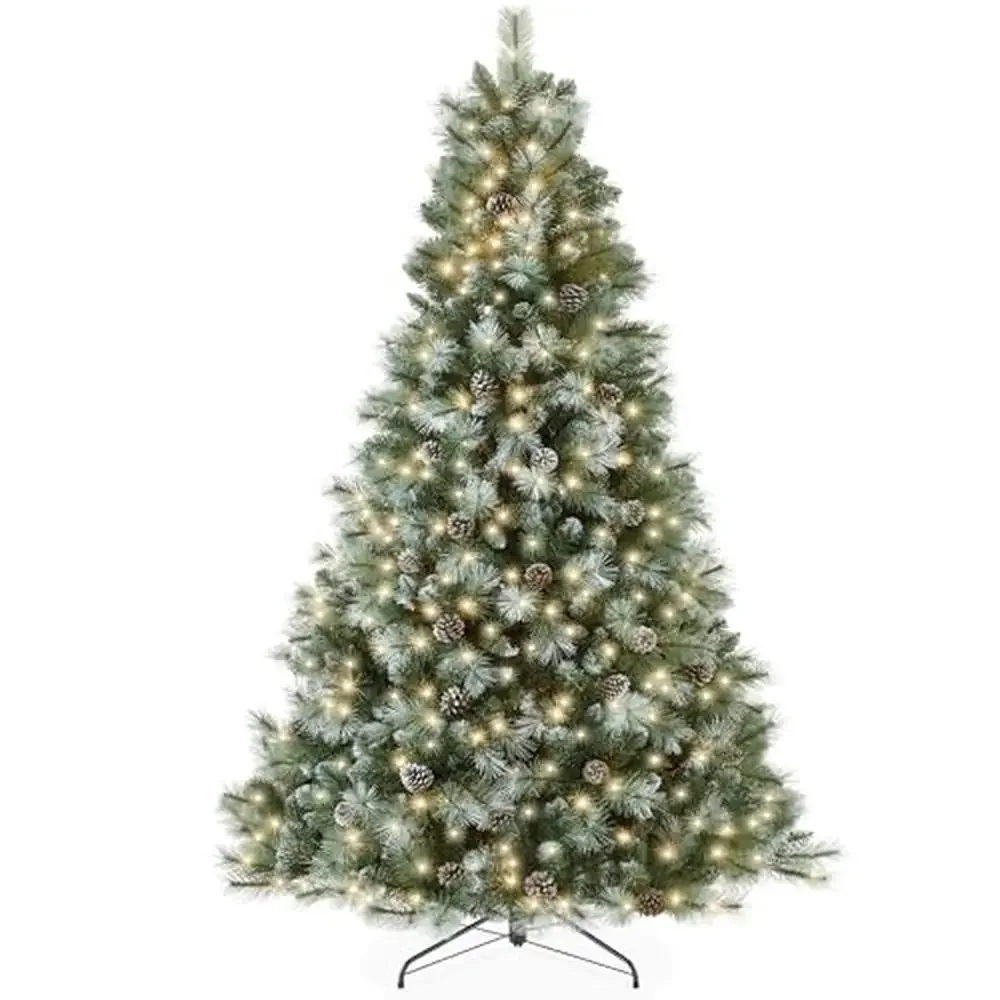 9ft Premium Frosted Pre-Lit Artificial Christmas Tree with 2,020 Branch Tips Natural Pine Cones 9 Light Functions Easy Assembly