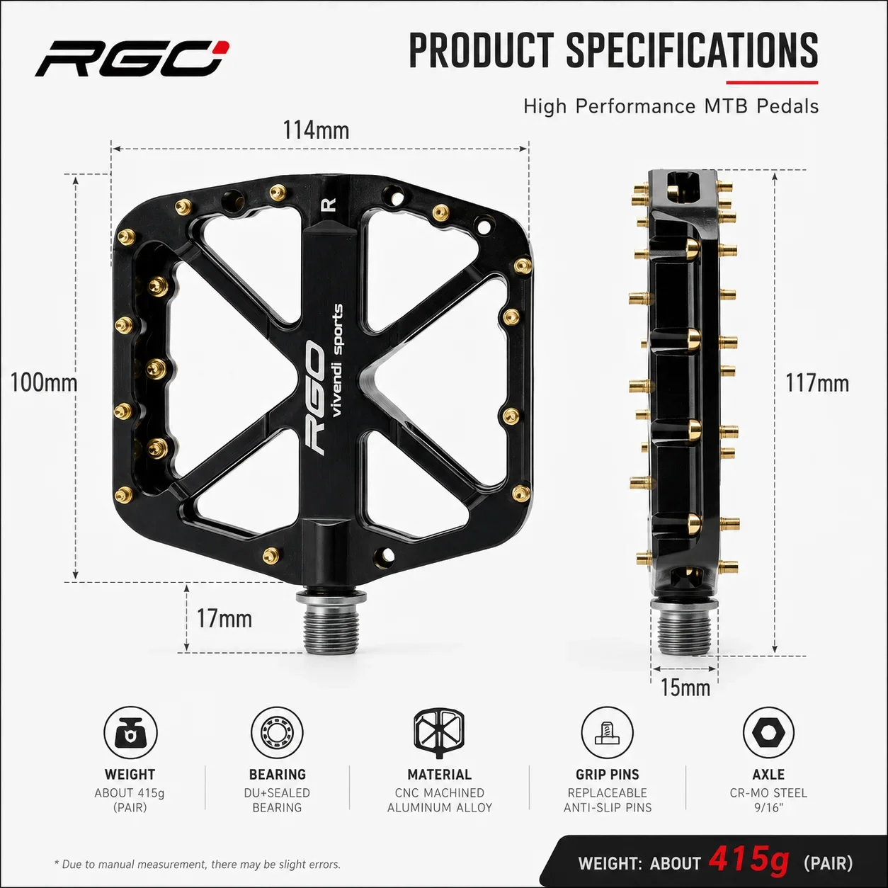 RGO XC12 CNC-gefräste Rutschfeste Aluminium-Legierung Fahrradpedale mit 3 Lagern, Geeignet für Mountainbikes und Rennräder
