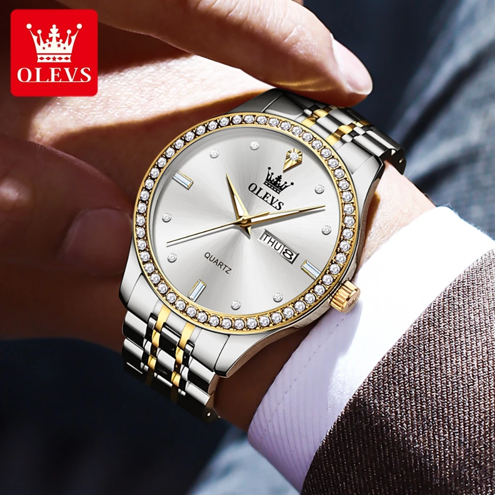 OLevs 3625นาฬิกาผู้ชาย, นาฬิกาควอทซ์สแตนเลสกันน้ำปฏิทินคู่แบรนด์หรูนาฬิกาข้อมือสำหรับผู้ชายของแท้