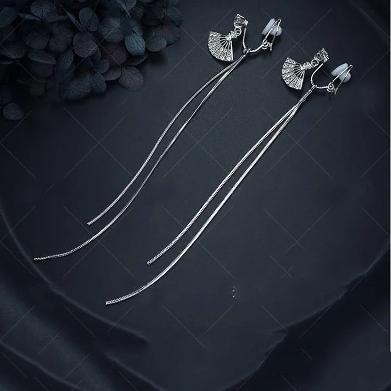 GRACE JUN AAA CZ Bow-knot Fan Heart Long Clip on Earrings Fashion Bridal Weddings Drop Tassel Earrings Jewelry No Hole Earrings