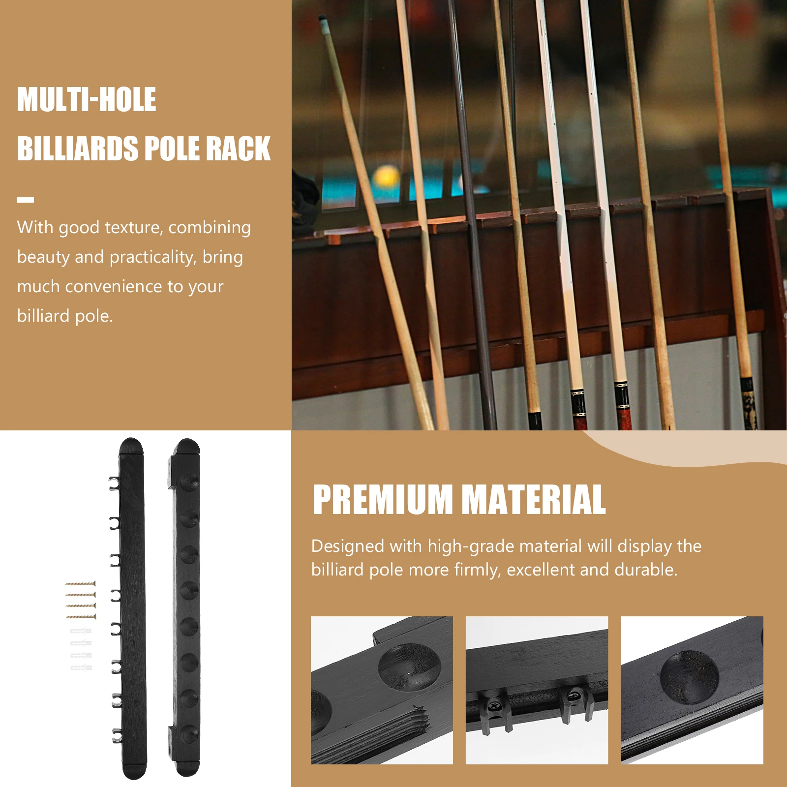 

Wall Mount Billiard Cue Holder Rack for Pool Stick Display Black Color Multi Hole Design Durable Material Practical Decorative