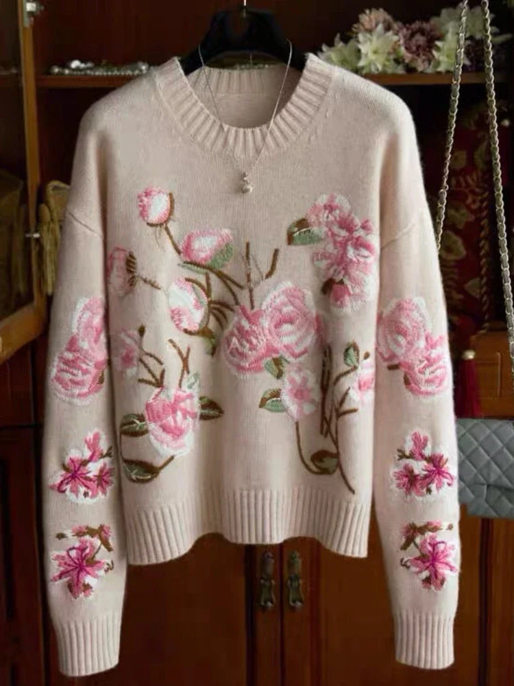 Fasbion Elegant Sweaters Long Sleeve Flower Embroidery Design Aesthetics Short Pullovers Casual Loose Vintage Women\'s Clothing