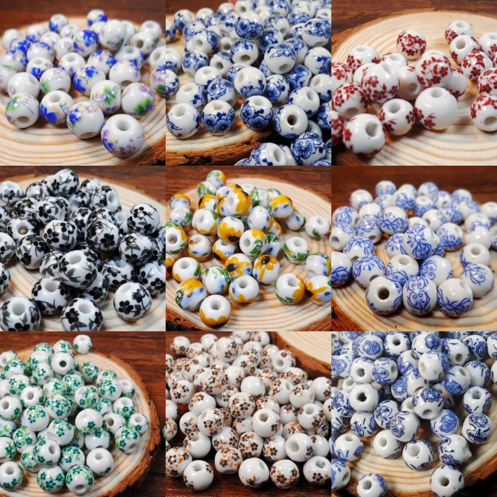 50pcs/lot 10mm Round Ceramic Beads Colorful Flower Patterns Loose Spacer Beads For DIY Charms Bracelet Necklace Accessories