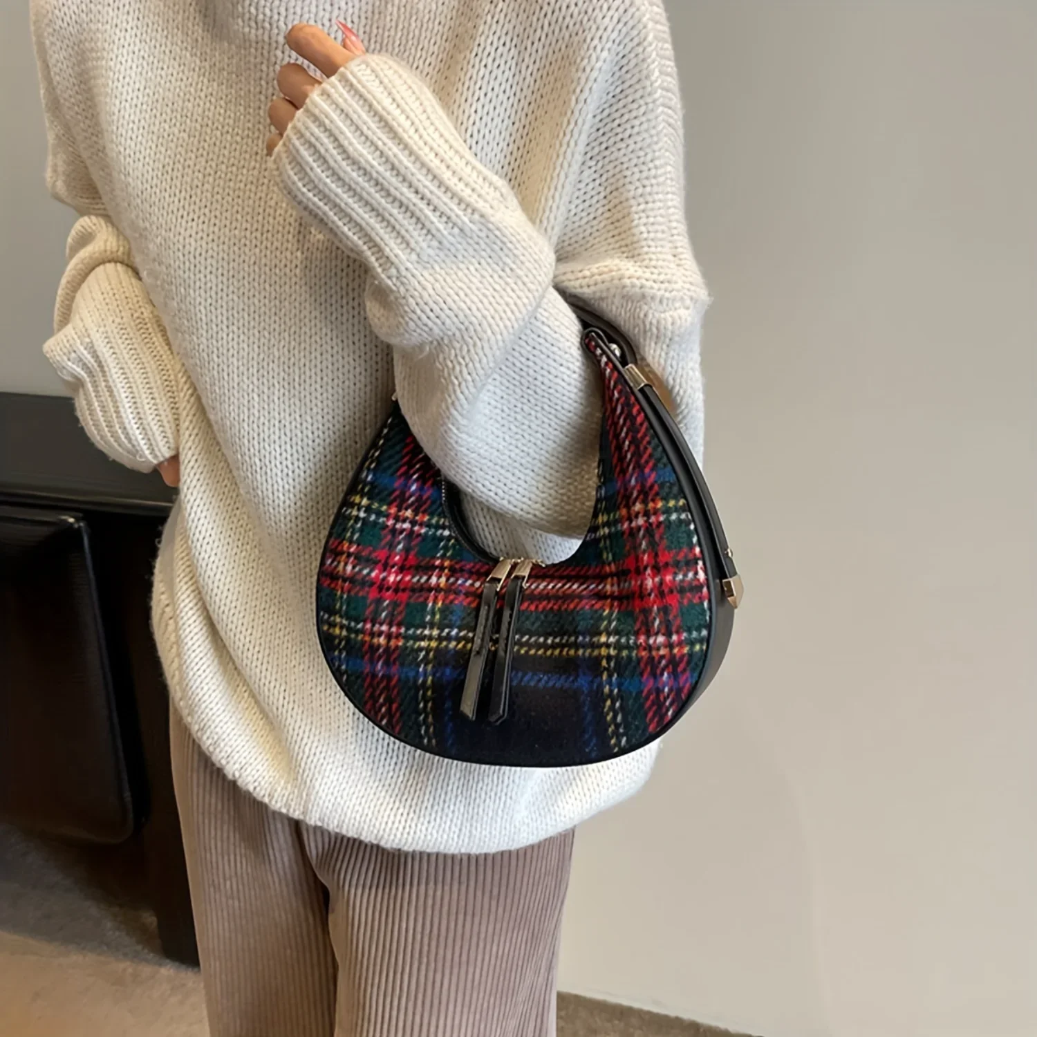 

Винтажная сумка в клетку, твидовая сумка-хобо Y2K, модная женская сумка через плечо в форме полумесяца