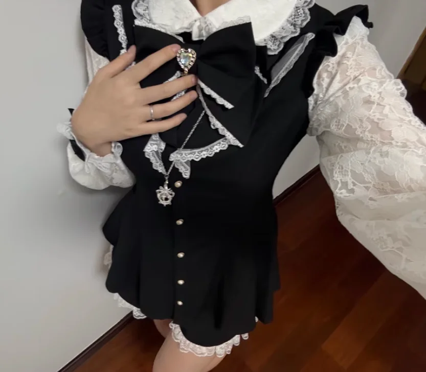 

Новый осенне-зимний костюм Лолиты в японском стиле, милый комплект для девочек с рюшами и большим бантом, утягивающее платье с длинными рукавами и шорты, комплект из двух предметов