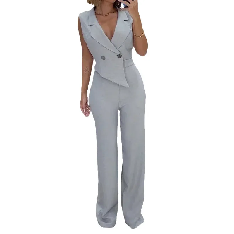 Summer Autumn New Elegant Slim Jumpsuits 2023 Women Jumpsuits Women\'s Sexy Sleeveless Turn-down Collar V-neck Straight Jumpsuits