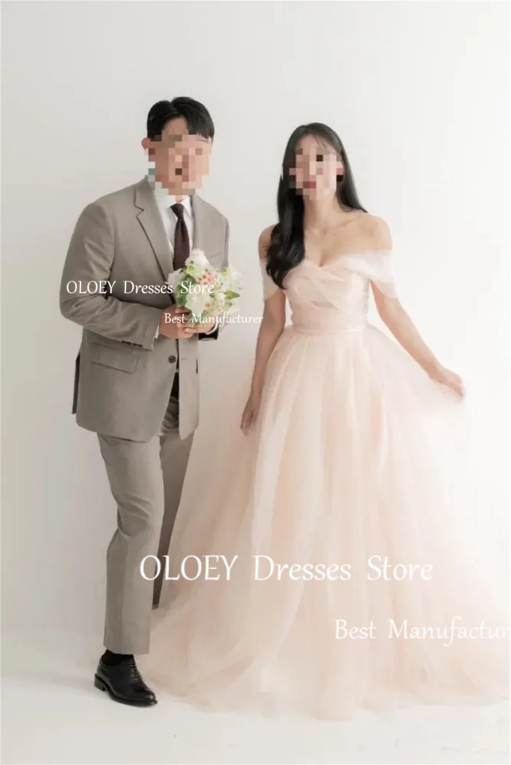 OLOEY Fairy Pink Korea Evening Wedding Party Dresses Soft Tulle Photo Shoot Strapless String Back Prom Gowns Elegant Mariage