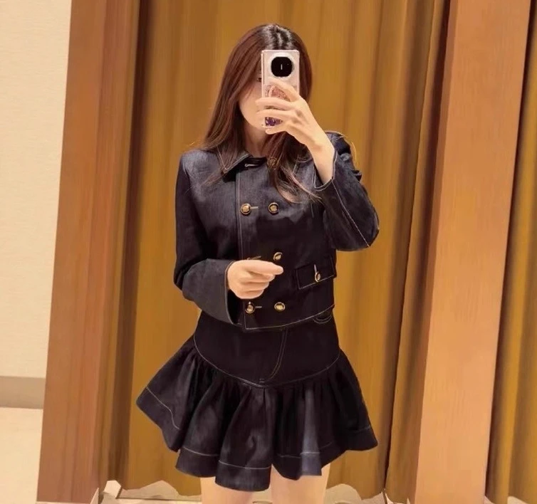 

2025 Fall Women's Denim Two-Piece Suit Double-Breasted Lapel Jacket or Fashion Shorts Mini Skirt