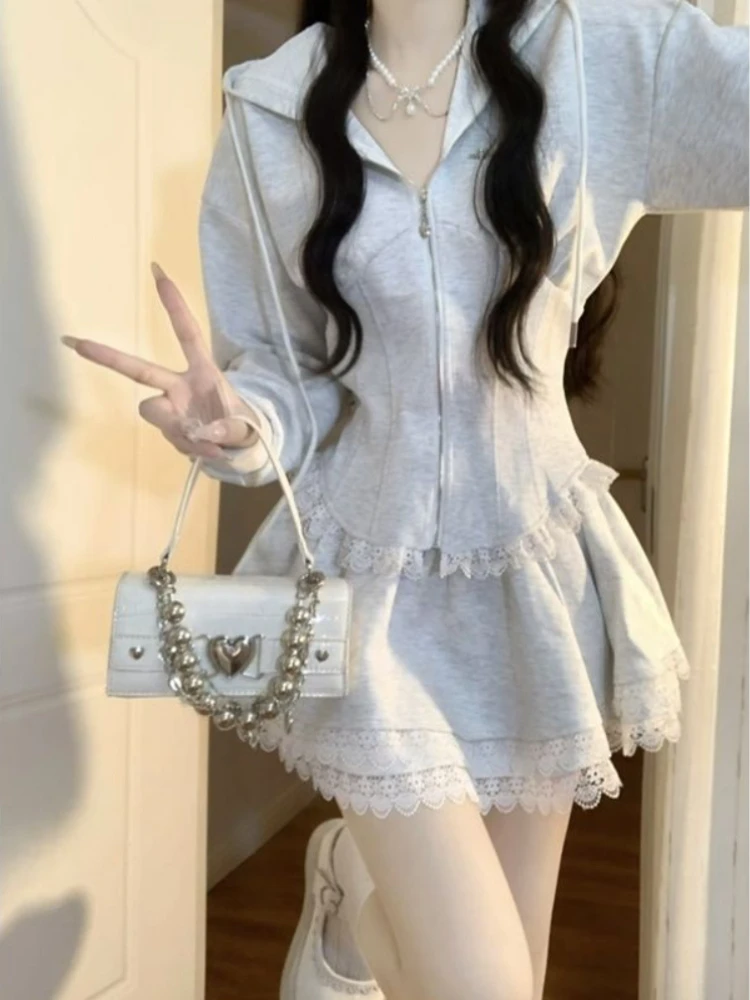 Japanese Kawaii Sweet 2 Piece Set Women Preppy Style Casual Y2k Lace Skirt Suit Famale Korean Zipper Tops + Mini Skirt 2023 New