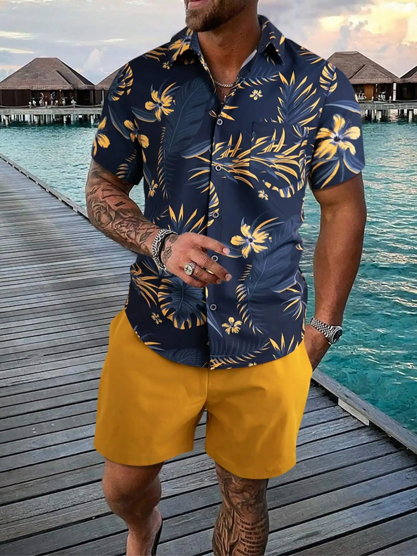 

Men's Navy Blue Tropical Print Short Sleeve Button-Up Shirt with Yellow Floral Pattern