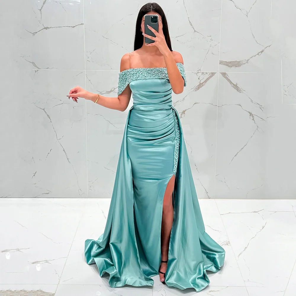 

Изысканные вечерние платья по индивидуальному заказу, женские платья с открытыми плечами и складками, расшитые бисером, Саудовские платья для особых случаев, атласные платья для выпускного вечера