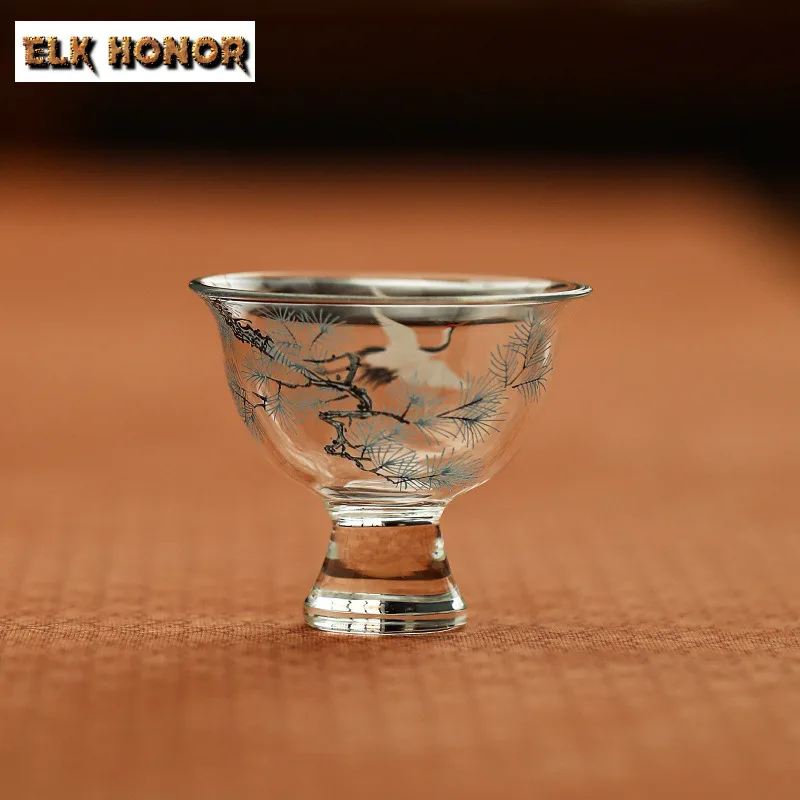 

2pc/lot 45ml Blue Pine Crane Glass High Foot Teacup Tea Bowl Mug Tea-tasting Smelling Cup Jianzhan Mugs Master Cups Tea Services
