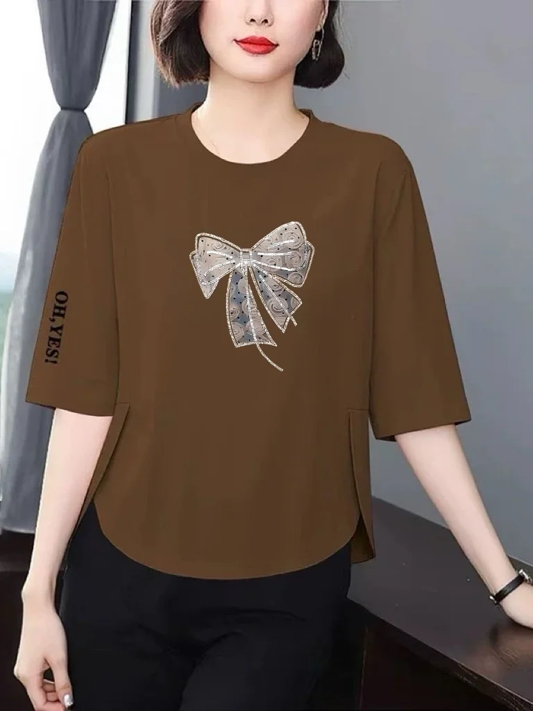 

Fashionable Knot Printed 3/4 Sleeve T-Shirt Women Loose Slimming Belly Covering Anti-Aging Mom Top Polyester Fiber ...