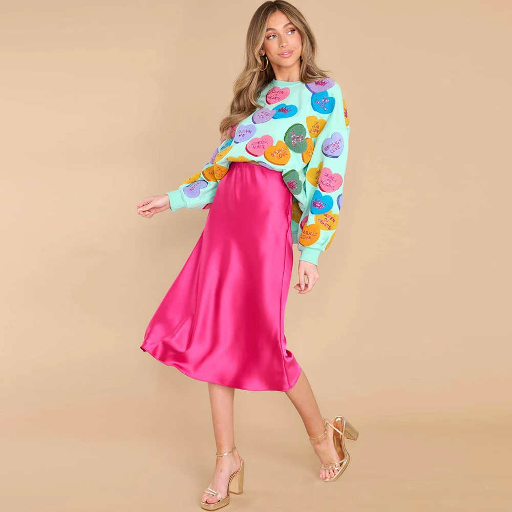 2023 Summer Women's Satin Skirt Elegant Purple A Line Shiny Skirt High Waist Mid-length Skirts Red Office Midi Skirts for Female