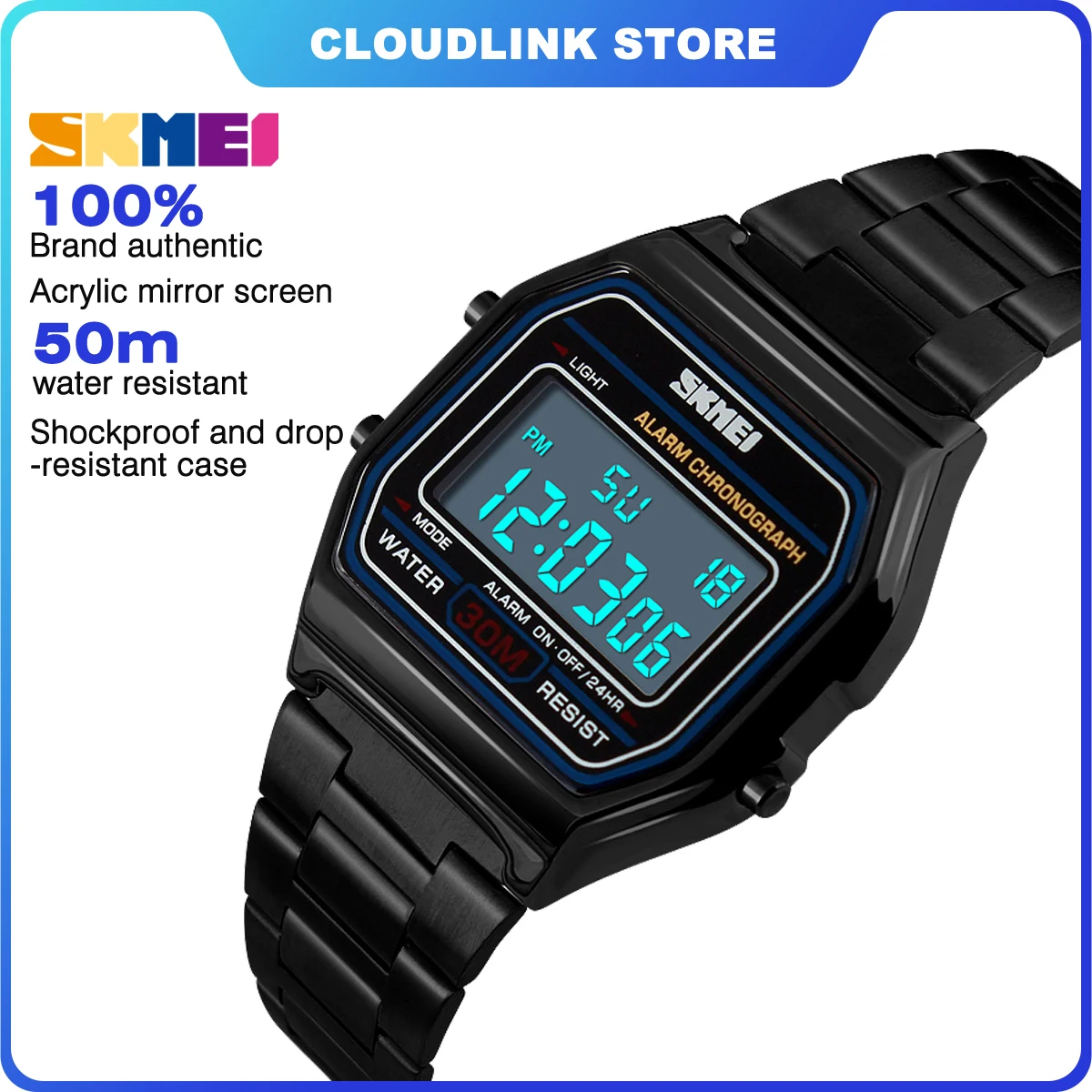 SKMEI 1123 Casual Sport Watch Men Stainless Steel Strap LED Display 3Bar Waterproof