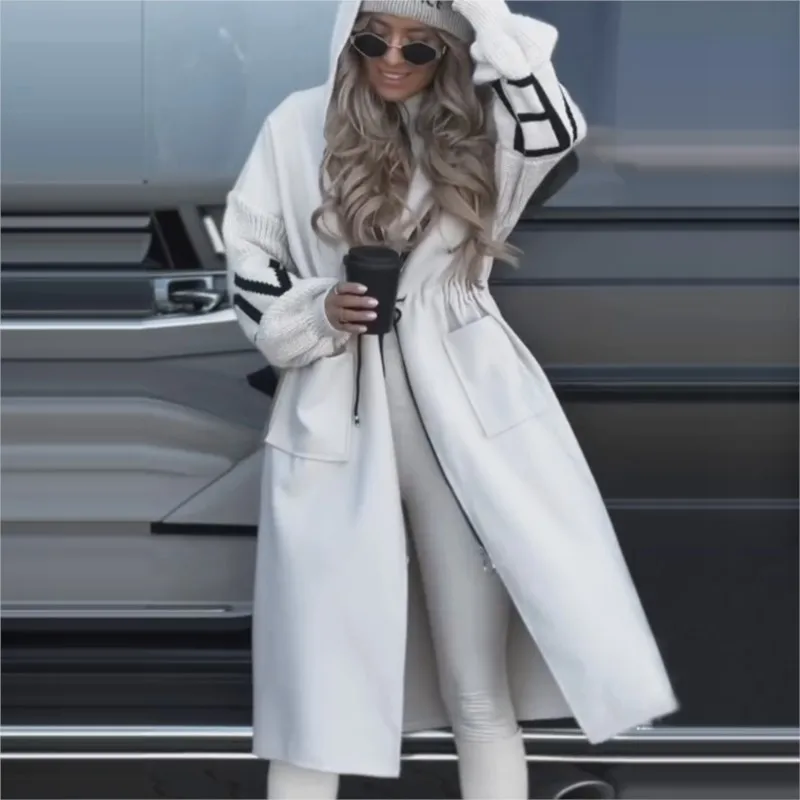 

Casual Long Patchwork Long Trench Coat Woman Casual Hoodies Lace Up Pockets Female Jackets Autumn Winter New Ladies Outerwears
