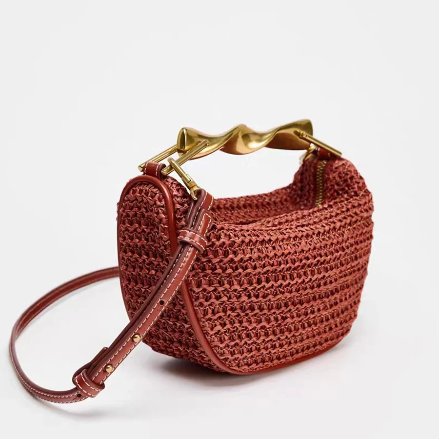 

Summer Half-Moon Beach Straw Shoulder Bags Women's Woven Design Straw Bag Vacation Clutch Purse Handbags Chains Crossbody Bags