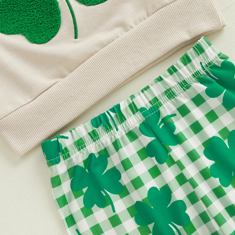 Conjunto de leggings y top con mangas con volantes y estampado de trébol verde para niñas pequeñas del día de San Patricio con diadema a juego