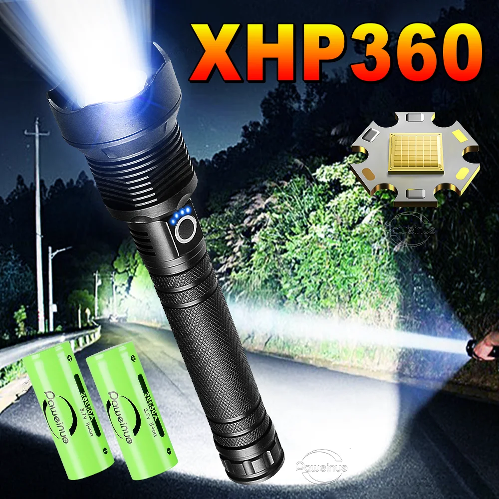 XHP360 Lanterna LED com carregamento USB Lanternas recarregáveis ​​de alta potência Lanterna de acampamento 6000mAh luz manual tocha de alto lúmen